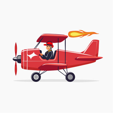 Cartoon Biplane with Pilot and Flame