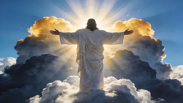 Jesus Christ standing on clouds with arms open wide, divine light rays shining from heaven, religious spiritual faith concept, biblical ascension scene