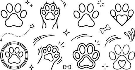 Animal paw print icon set with cute doodle cat dog footprints heart bone star claws shapes vector © S O H A G