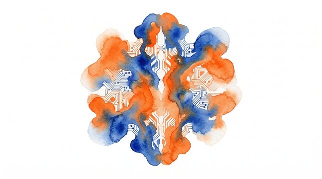 Abstract watercolor Rorschach inkblot, symmetrical orange and blue paint splash, psychological test illustration, creative art therapy concept