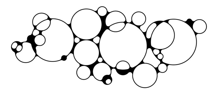 Black connected bubbles pattern. Liner geometric round morph sphere concept. Abstract outline blob design element for logo, icon, tag, emblem, banner, signs, sticker. Morphing metaball shape. Vector