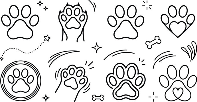 Animal paw print icon set with cute doodle cat dog footprints heart bone star claws shapes vector