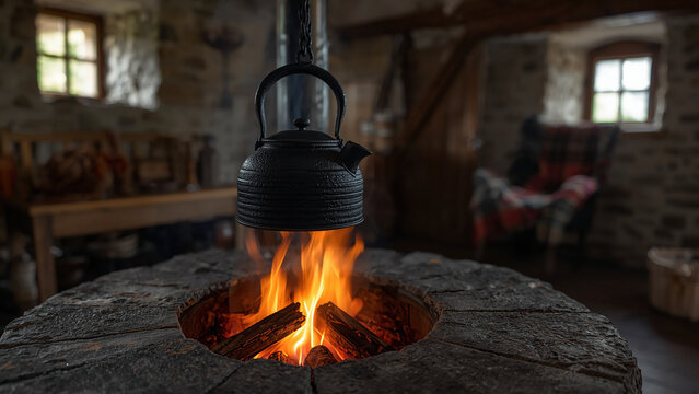 Smouldering Peat Fire in Stone Hearth of Restored Scottish Blackhouse with Cast-Iron Kettle, Highland Heritage, Traditional Living, Rural Cottage, Cosy Hearth, Embers
