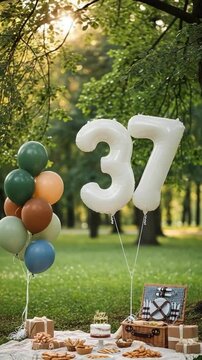 37th Birthday Picnic Celebration in Park with Number Balloons and Cake for Outdoor Party Concept