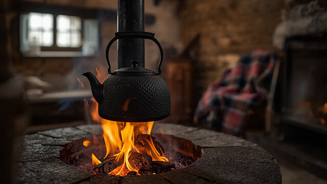 Smouldering Peat Fire in Stone Hearth of Restored Scottish Blackhouse with Cast-Iron Kettle, Highland Heritage, Traditional Living, Rural Cottage, Cosy Hearth, Embers