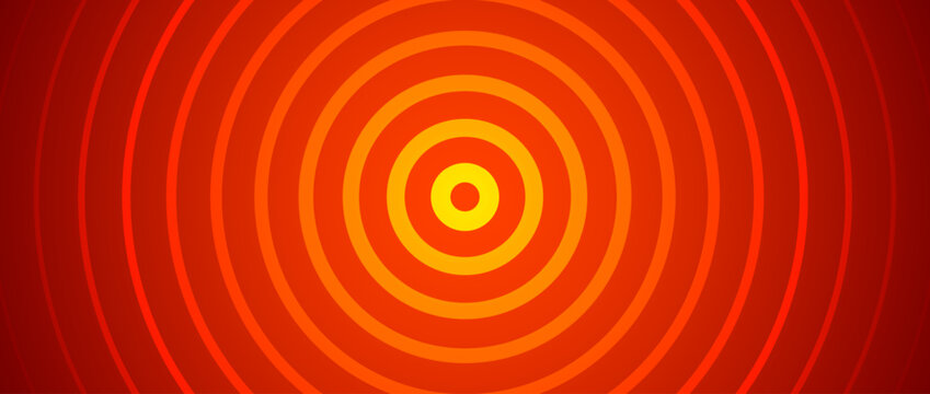 Hot red concentric circle background. Expanding epicenter waves. Radial sound signal or vibration backdrop. Target symbol, radar or sonar icon concept. Vector burn red ripple gradient wallpaper