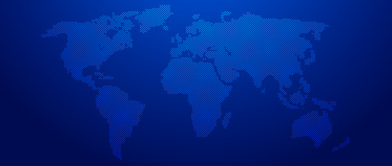 Blue glowing dotted world map concept. Abstract neon dot globe worldmap for poster, banner, brochure, booklet, presentation. Navy halftone continent infographics wallpaper. Vector illustration © vika_k