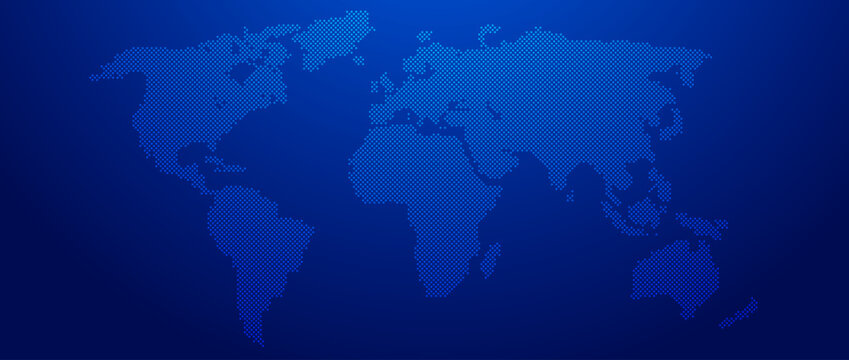 Blue glowing dotted world map concept. Abstract neon dot globe worldmap for poster, banner, brochure, booklet, presentation. Navy halftone continent infographics wallpaper. Vector illustration