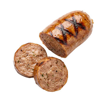 Grilled Sausage Links with Slices, Isolated on White Background
