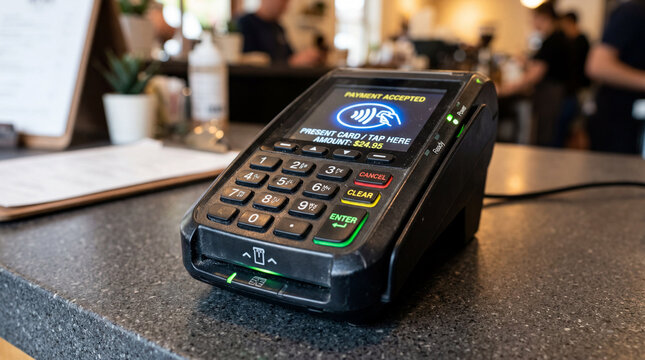 Payment Terminal Keypad And Card Slot Closeup With Contactless Symbol For Secure Checkout Retail Transactions
