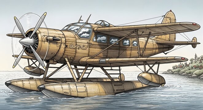 Detailed illustration of a classic vintage biplane seaplane, an historic aircraft from the early 20th century, gracefully resting on calm waters near a scenic coastal village