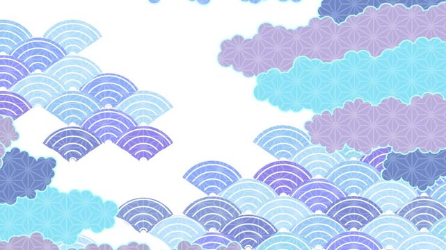 Traditional Japanese Pattern Background with Waves and Hemp Leaf