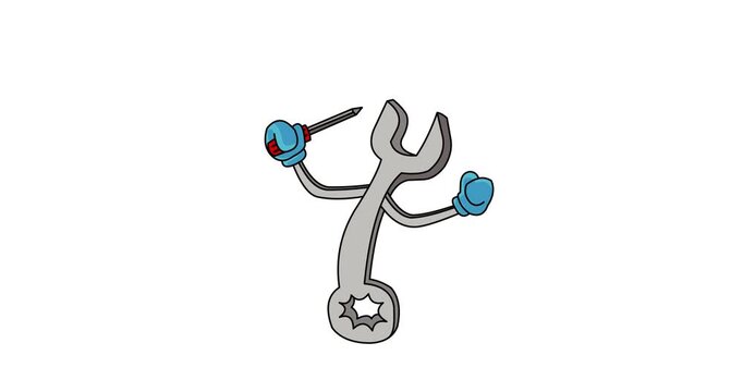 Animated video of a wrench character holding a screwdriver