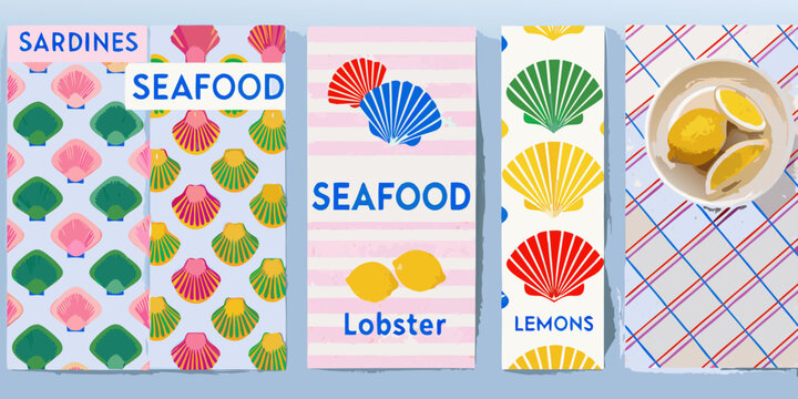 colorful seafood packaging with scallop shell patterns and lemons