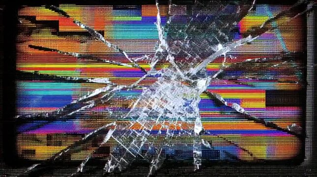 Abstract broken screen background with shattered glass and colorful digital glitch