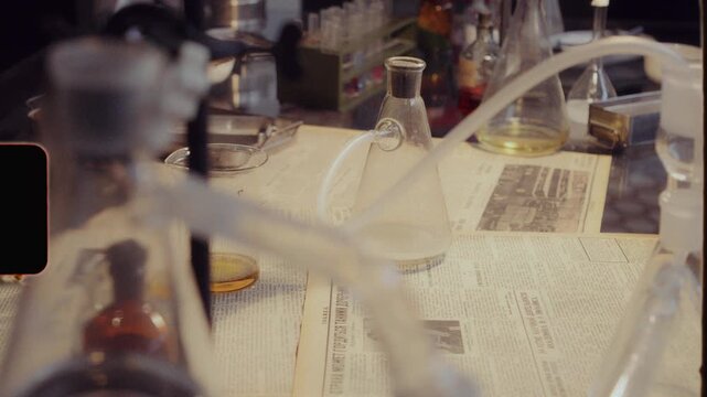 Vintage chemistry laboratory with smoking flask