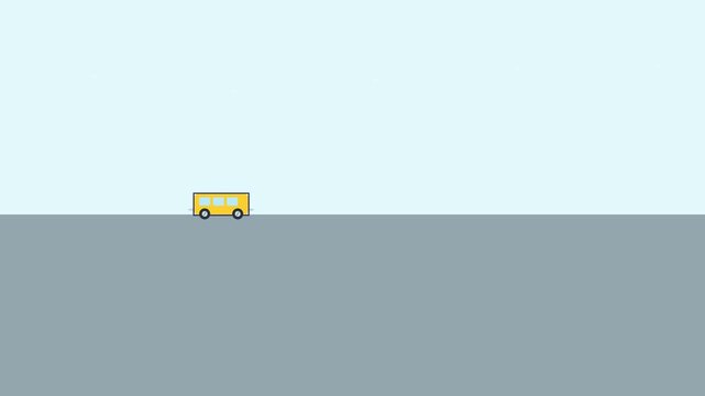 Minimalist yellow bus moving across a vast, empty landscape.