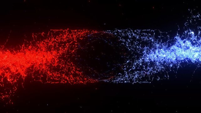 Hot and cold water drops collision red and blue splash isolated on black background alpha channel