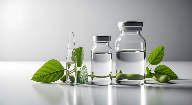 Clear medical vials and a glass ampoule with fresh green soybean leaves and pods placed on a white surface to represent dicamba herbicide applications
