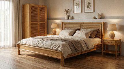 Obraz premium Elegant eco-friendly bedroom interior featuring a bamboo bed frame, matching wardrobe, nightstands with woven wicker lamps, and minimalist wall decor. 