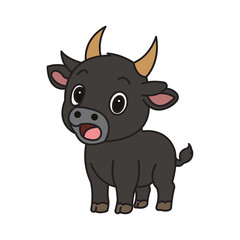 Fototapeta premium Cute buffalo cartoon vector icon with funny expressions and adorable farm animal character.