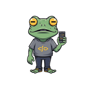 Vector mascot illustration of a zombie frog character coding on a laptop, undead amphibian programmer with green skin and stitches, esport gaming logo style isolated on white.