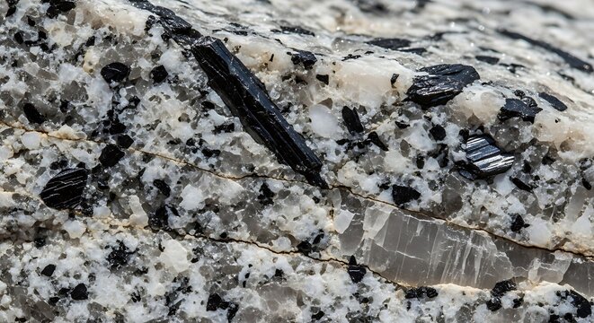 A close-up, macro photograph reveals the intricate crystalline structure of granite, showcasing a mosaic of black tourmaline needles embedded within a matrix of white feldspar and quartz.