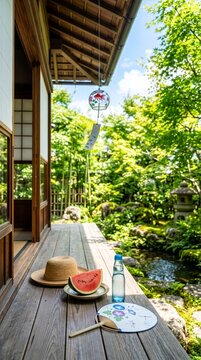 日本の伝統的な夏の風景、縁側とスイカ、風鈴、ラムネ、うちわ Japanese traditional summer scenery, veranda with watermelon, wind chime, ramune, and fan