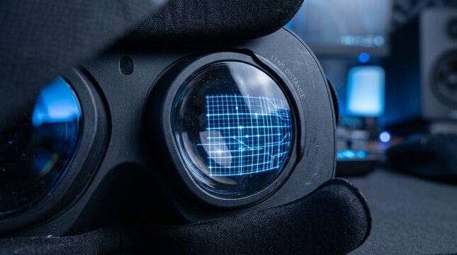 Virtual Reality Headset's Lenses with Digital Data Display, Tech Concept