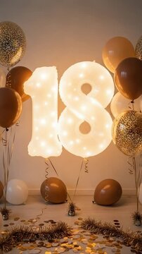 18th Birthday Party Decoration with Light Up Number Balloons in Elegant Brown and Gold Theme for Milestone Celebration and Anniversary Event Background