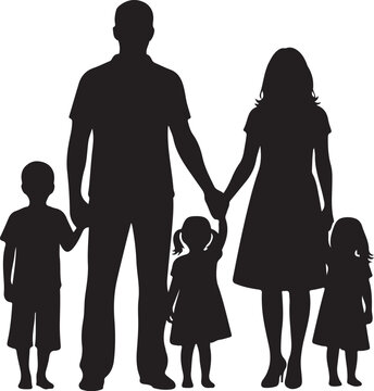 Black silhouette of family holding hands white background