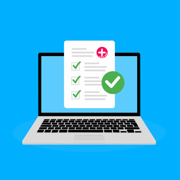 Medical prescription digital document or online test results report. Medical form check list with results data and approved check mark online on laptop screen icon