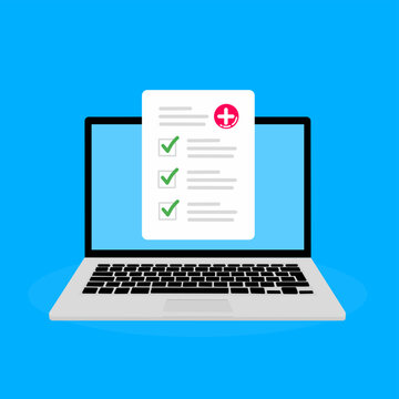 Digital medical prescription document or online test results report on laptop screen