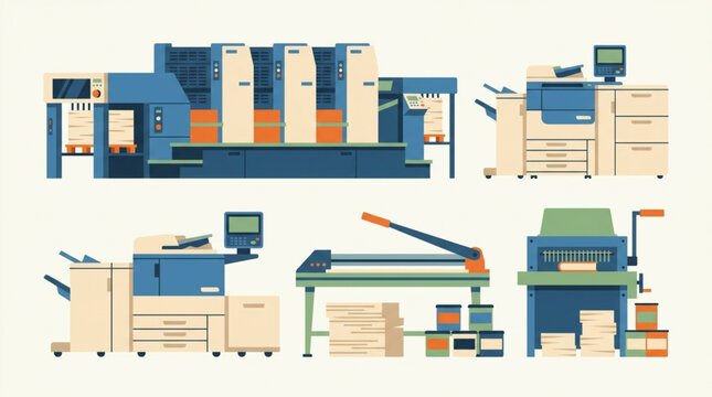 Illustration of various commercial printing and copying machines, including a large offset press and guillotine cutter, set against a light background