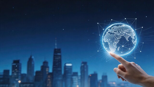 Human hand touching glowing digital globe with network nodes and connections representing global communication and internet technology over blurred night cityscape background