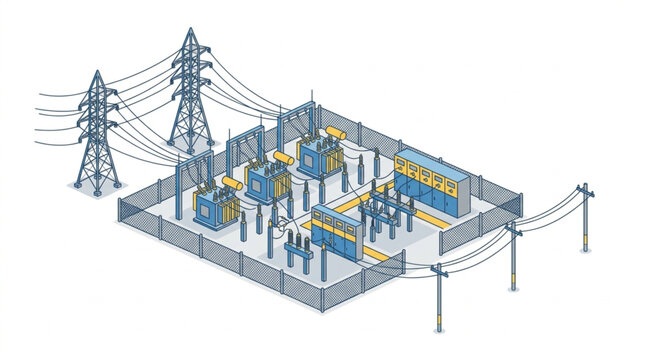 Isometric view of an electrical substation with transformers, circuit breakers, and high-voltage power lines connected to transmission towers, set against a white background