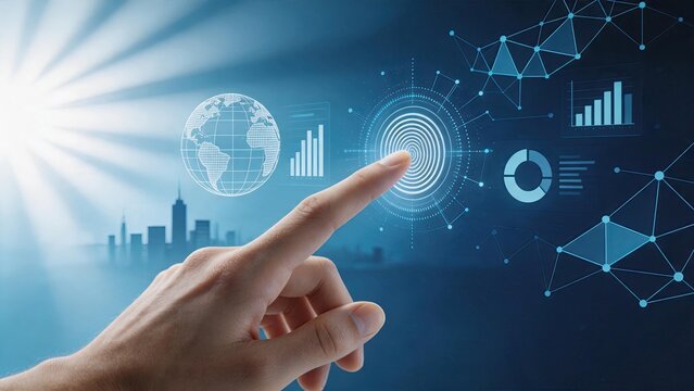 Hand touching futuristic digital screen with global network and data analytics, big data visualization, internet connection, cloud computing, smart city background, technological