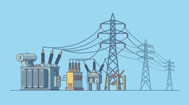 Illustration of electrical substations, power transformers, and high-voltage transmission towers interconnected by cables against a simple blue background, symbolizing energy infrastructure