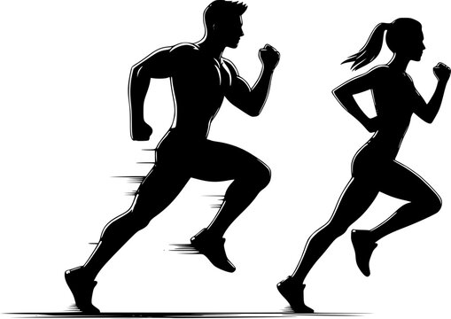 Running man and woman, isolated vector silhouettes. Run, side view. Silhouettes of athletic looking male and female runners running. Transparent EPS version.