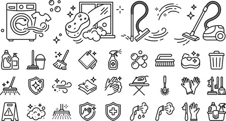Cleaning and sanitation line icon collection featuring vacuum washing supplies hygiene tools and household maintenance illustration © S O H A G
