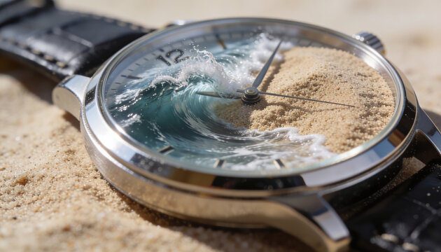 Fantasy watch face shows mismatched objects with ocean wave and sand blending in surreal and creative design
