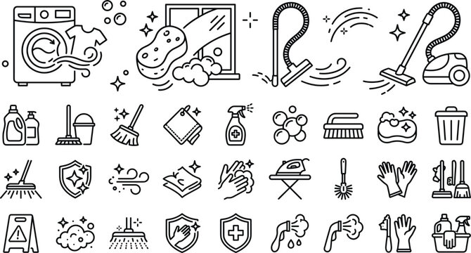 Cleaning and sanitation line icon collection featuring vacuum washing supplies hygiene tools and household maintenance illustration