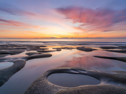 Serene ocean sunset with colorful clouds reflecting in tide pools coastal landscape for travel and nature backgrounds tranquil sea.