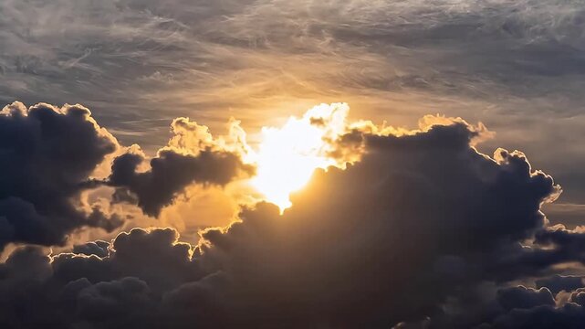 Golden sunset through gray clouds