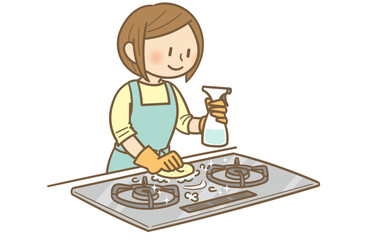 Young woman cleaning a gas stove in the kitchen with spray cleaner and cloth / ガスコンロを掃除する若い女性 © さとうみなこ