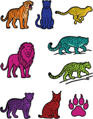 Obraz premium Vibrant Big Cat Wildlife Illustration Set Featuring Tigers, Leopards, Lions, Panthers, and Colorful Jungle Predator Animal Icons