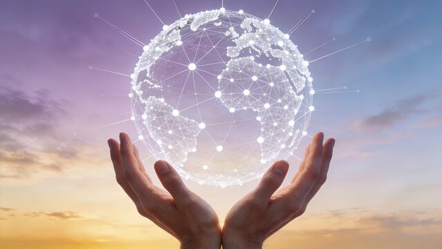 Hands holding glowing digital globe with network connections representing global communication, internet technology, worldwide connectivity, and future innovation against sunset