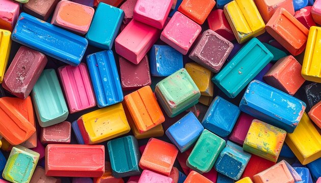 Colorful chalks are scattered on surface