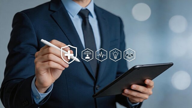 Businessman using tablet with insurance and healthcare icons, medical protection shield, financial security, life coverage, risk management, digital health services, professional