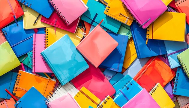 Colorful notebooks scattered everywhere indoors